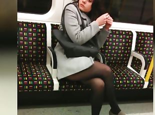 Candid Asian in black Pantyhose French Subway