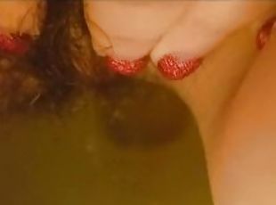 Pissing Golden Stream, Droplets Forming on Pussy Hair