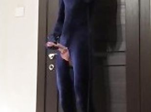 Crossdresser in velvet zentai and high heels hanging breathplay