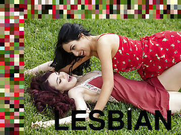 Prankish lesbian teens Sabina Rouge and Jade Baker make love among the flowers