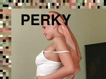 Perky tits girl in white lingerie sensually strips