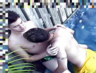 Homosexual teens kiss each other and jerk off in the pool