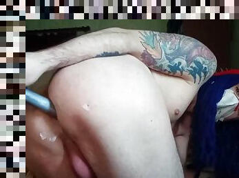 Straight guy with gay manners, dyed his hair blue, bought a 30+ cm dildo, pounding his tight hole