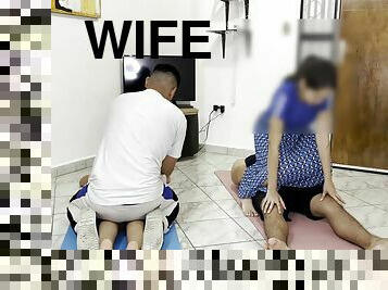 Wife With Skirt Fucked Next To Her Husband In When They Are Giving The Massage
