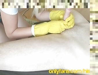 Multiple orgasm blowjob in household gloves - teaser