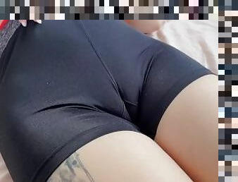 Black Tight Shorts Cameltoe Pussy Tease Close-up