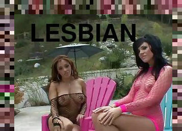 Horny babes have some lesbian fun by the pool