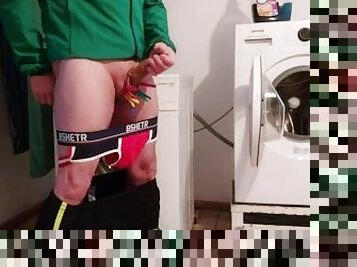I jerk off in jocks with clothespins on cock and scrotum in a shared laundry room