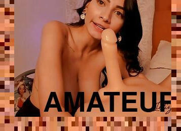 Hispanic sweet webcam girl plays with long fake dick