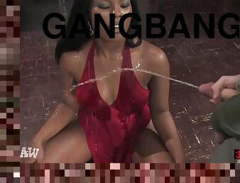 Pissing gangbang with ebony slut