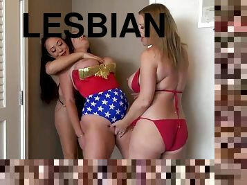 Curvy lesbian MILFs cosplay threesome sex
