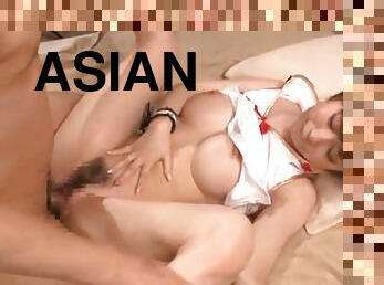 Affectionate asian dame with big tits getting her hairy pussy licked immensely