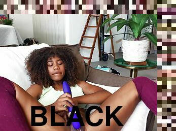 A black gamer girl gives you a cock-hardening solo toy show.