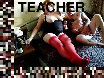 Teacher in red stockings banged by her student