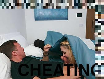 Jenna James sucks and fucks a guy next to his sleeping girlfriend