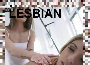 Petite oiled lesbian gets her pussy licked and toyed in a WAM massage