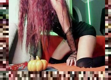 Sexy naughty witch masturbating her sweet pussy at Hallowen night