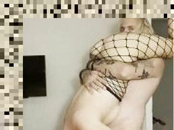 Blonde in fishnet body suit sucks cock and gets pounded - Super hot standing 69