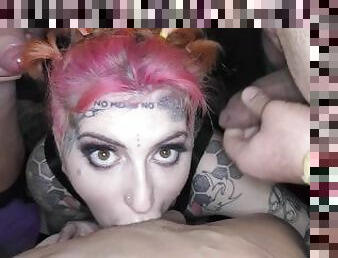 Inked stunners suck dick in a Halloween bukkke party take facials and swallow cum from a cup