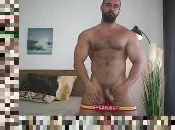 Muscular hairy guy jerking his cock in jock strap while jerking his hard cock - anthonybeau