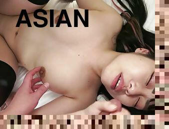Sexy Asian girl in black stockings Akane Okawa has wild sex with two guys