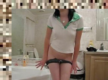 Petite teen tries on her panties in the shower