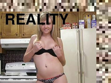 Blonde teen slut gets naked to tease your cock