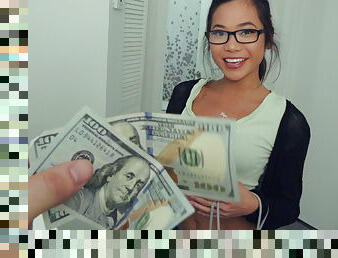 Nerdy asian teen in glasses Vina Sky fucks for dollars