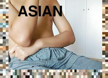 asiatisk, masturbation, amatör, cumshot, gigantisk-kuk, tonåring, avrunkning, juckande, sprut, ensam