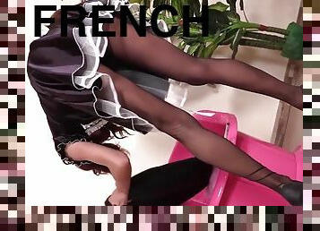 Sexy french maid in pantyhose shows you her ass and feet