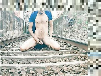 Masterbate in front of railway track sexy men cumshot