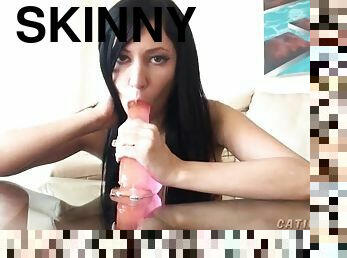 skinny, leke, dildo, bikini, liten, brunette, suging