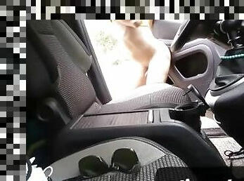 Boy plays dildo inside and outside car, finally is caught