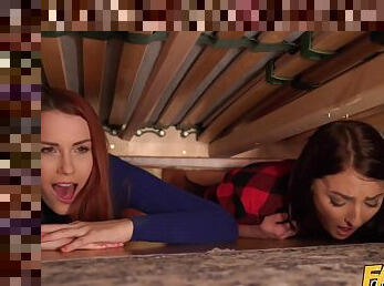 Halloween - Stuck Under A Bed 2 - Hard Threesome With Fit Natural Redhead And Brunette