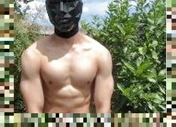 Asian Muscle Guy Jacks Off In Garden