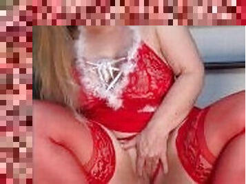 Masturbating for Santa on the steps. Busty blonde milf, hairy pussy, Christmas lingerie, high heels