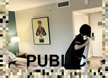 PUBLIC DICK FLASH. I take my cock out in front of a hotel maid and she agreed to help me cum