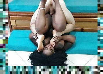 Pedicure in Brazil. Black girl with big boobs licked feet, eat ass, and enjoy face spitting