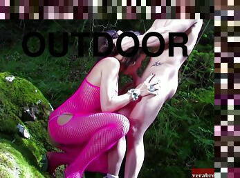 Outdoor Analsex With A Sexy French Woman With Nice Tits In A Pink Fishnet Bod