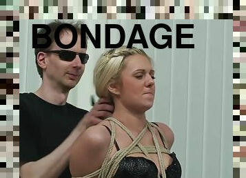 Blonde Hogtied, Tapegagged, And Blindfolded In Cutoffs