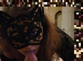POV BIG TITTED MILF in a mask Licking & Sucking a Cock