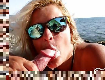 Blowjob By The Sea And Cum In Mouth. Close-up Pov