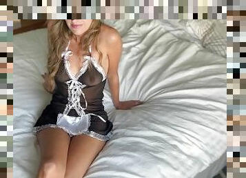 Petite blond smoke show in French maid outfit get massive facial