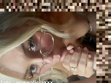 College girl with glasses gives blowjob