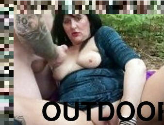 Outdoor flashing and masturbation in the forest, licking spunk off tits
