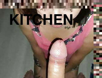 Cum in the mouth of a friend&#039;s girlfriend in the kitchen