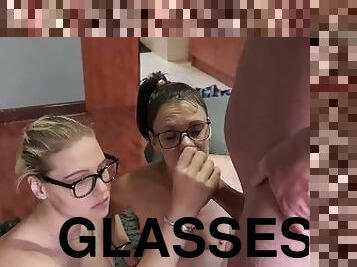 2 girls sucking cock like sluts until master cum's all over their nerdy faces  cum facial  glasses