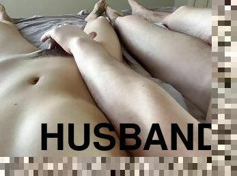 FPOV I ride my husband's friend's dick, he cums on my hairy pussy