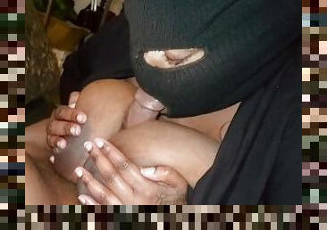 Masked Ebony BBW Slut with Big Boobs Spits, Throats and Titty Fucks Big Dick Neighbor