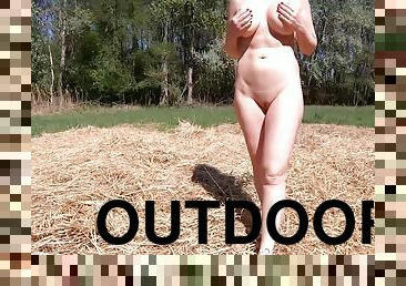 Beautiful Woman Walking Nude With A Clit Pump Outdoors In A Public Forest